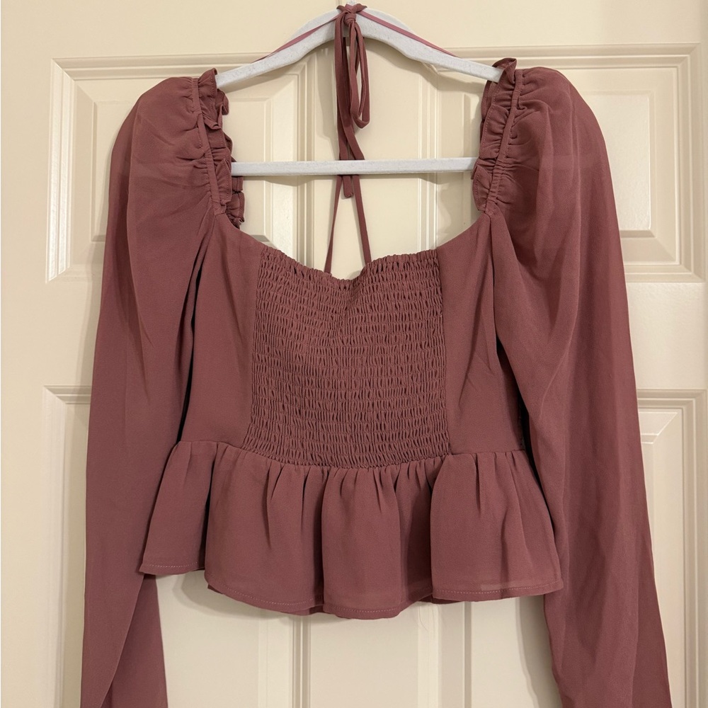 Astr the Label Toni Ruched Peplum Halter Tie Blouse in Dusty Rose - Picture 5 of 6